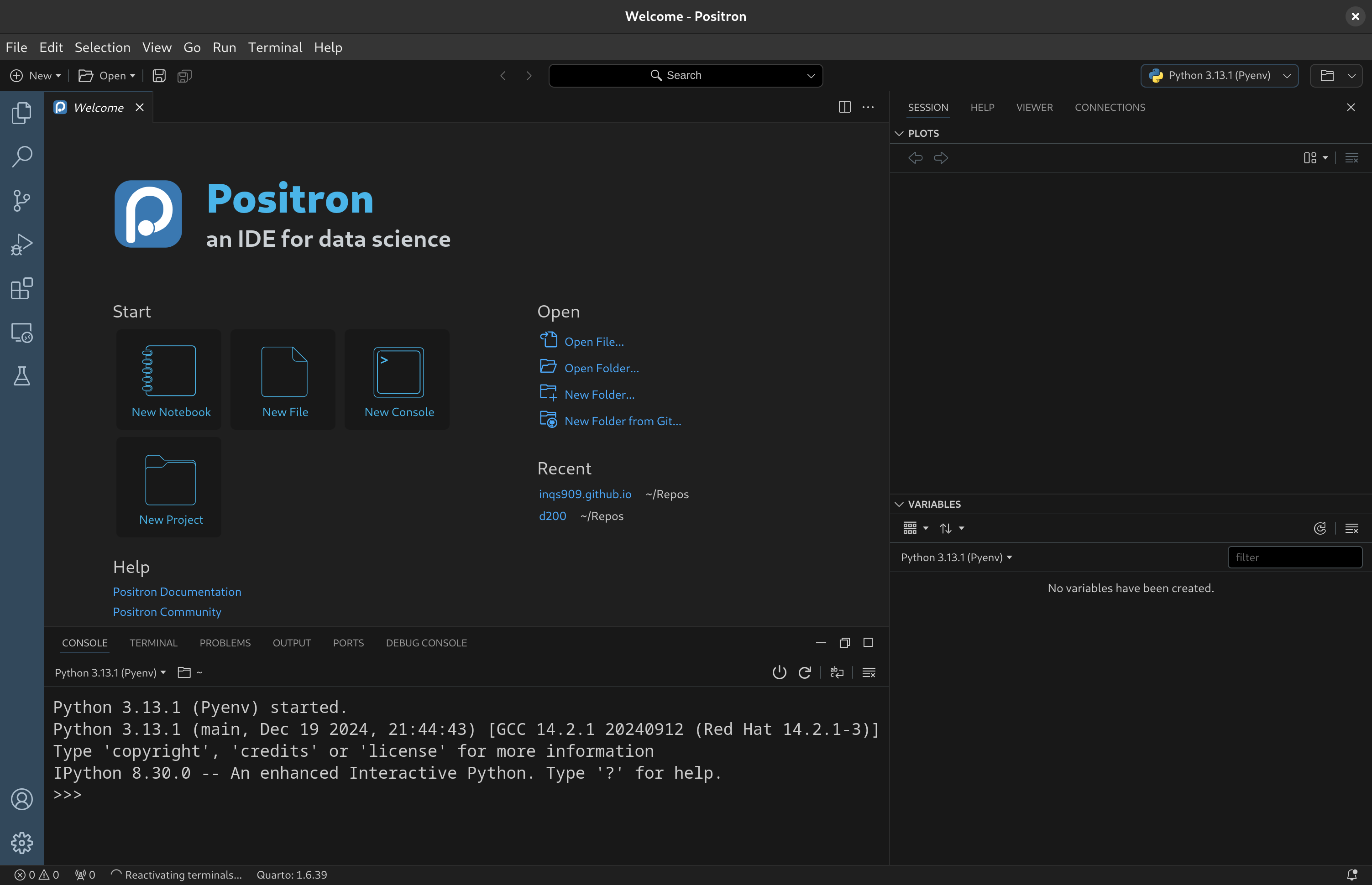 An image displaying the Positron IDE, the interpreter is Python.